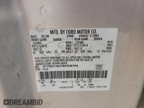 2008 Ford F-150 XL with VIN 1FTRW14W18KD46164, listed as a Copart auction lot 44452185 with 232,787 mi miles and Salvage Title. Bid and sale history available at carsss.com. Image 13.