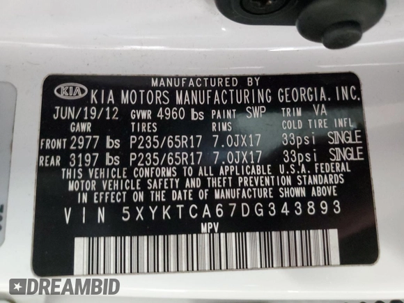 2013 Kia Sorento LX with VIN 5XYKTCA67DG343893, listed as a Copart auction lot 49951445 with 91,981 mi miles and Salvage Title. Bid and sale history available at carsss.com. Image 13.