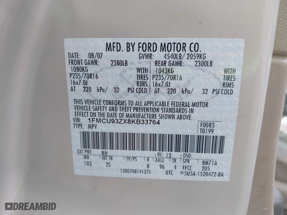2008 Ford Escape XLT with VIN 1FMCU93ZX8KB33764, listed as a IAAI auction lot 42037456 with 195,047 mi miles. Bid and sale history available at carsss.com. Image 9.