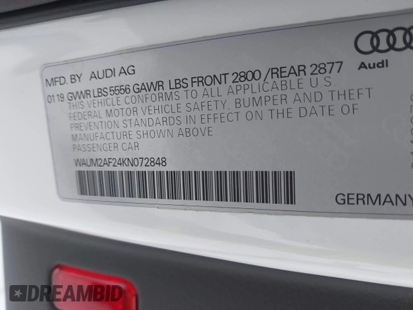 2019 Audi A6 Prestige with VIN WAUM2AF24KN072848, listed as a IAAI auction lot 41166275 with 89,839 mi miles. Bid and sale history available at carsss.com. Image 9.