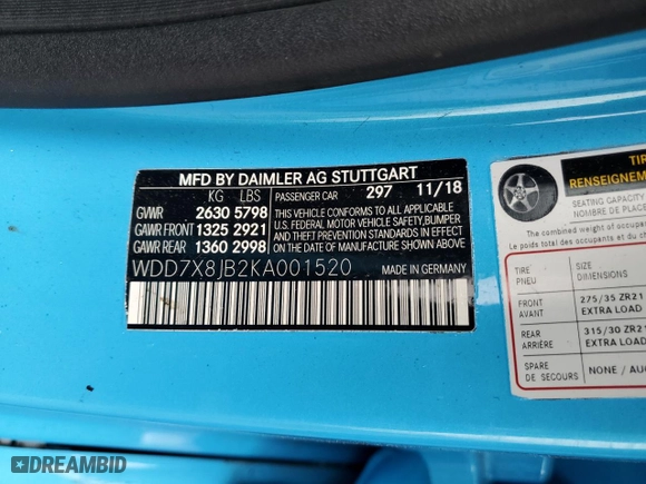 2019 Mercedes-Benz AMG GT with VIN WDD7X8JB2KA001520, listed as a Copart auction lot 47210595 with 0 mi miles and Salvage Title. Bid and sale history available at carsss.com. Image 13.