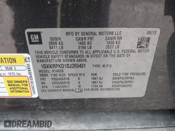2013 GMC Acadia SLE with VIN 1GKKRPKD1DJ269491, listed as a IAAI auction lot 41994527 with 169,710 mi miles and . Bid and sale history available at DreamBid. Image 9.
