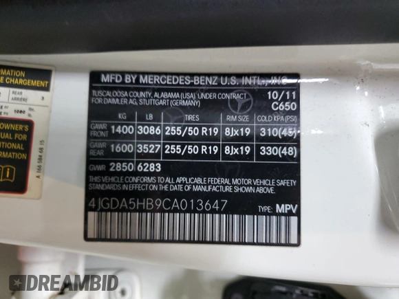 2012 Mercedes-Benz M ML 350 with VIN 4JGDA5HB9CA013647, listed as a Copart auction lot 54341265 with 167,514 mi miles and Clean Title. Bid and sale history available at carsss.com. Image 13.