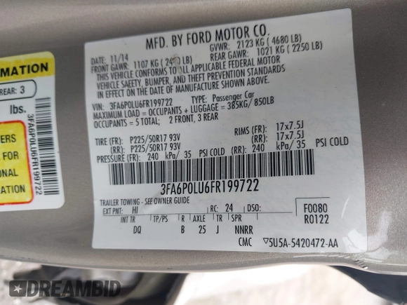 2015 Ford Fusion SE Hybrid с VIN 3FA6P0LU6FR199722, выставлен на аукционе IAAI как лот 42447523 с пробегом 151 769 миль миль и . История ставок и продаж доступна на DreamBid. Изображение 9.