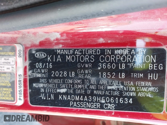 2017 Kia Rio LX with VIN KNADM4A39H6061634, listed as a IAAI auction lot 41839494 with 173,125 mi miles. Bid and sale history available at carsss.com. Image 9.