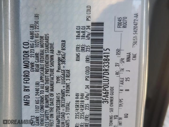 2013 Ford Fusion SE Hybrid with VIN 3FA6P0LU7DR338415, listed as a Copart auction lot 83423944 with 40,068 mi miles and Salvage Title. Bid and sale history available at carsss.com. Image 13.