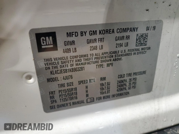 2019 Buick Encore Preferred with VIN KL4CJESB1KB903281, listed as a Copart auction lot 50446475 with 58,553 mi miles and Clean Title. Bid and sale history available at DreamBid. Image 12.