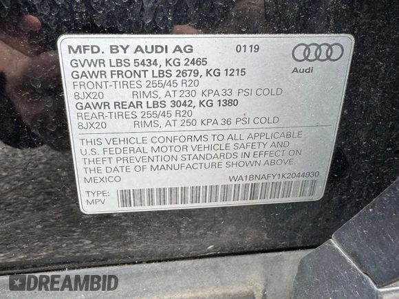 2019 Audi Q5 Premium Plus with VIN WA1BNAFY1K2044930, listed as a Copart auction lot 61870055 with 135,697 mi miles and Clean title. Bid and sale history available at DreamBid. Image 9.