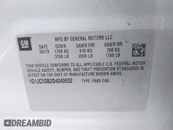 2013 Chevrolet Sonic LT with VIN 1G1JC5SB2D4243632, listed as a IAAI auction lot 42072421 with 40,289 mi miles and . Bid and sale history available at DreamBid. Image 9.