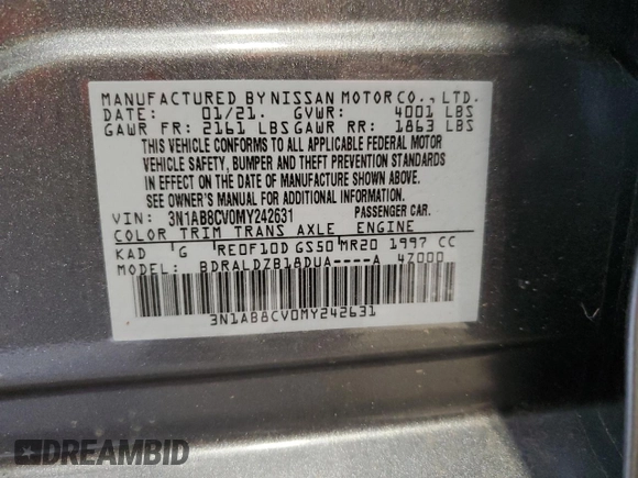 2021 Nissan Sentra SV with VIN 3N1AB8CV0MY242631, listed as a Copart auction lot 55061525 with 32,762 mi miles and Salvage Title. Bid and sale history available at DreamBid. Image 13.