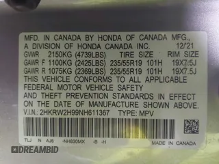 2022 Honda CR-V Touring with VIN 2HKRW2H99NH611367, listed as a IAAI auction lot 42014839 with 165,584 mi miles. Bid and sale history available at carsss.com. Image 9.