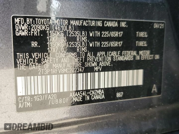 2021 Toyota RAV4 XLE z VIN 2T3P1RFV8MC202347, wystawiony jako Copart lot #66336895 z przebiegiem 33 722 mil mil oraz Szkoda całkowita • Salvage title. Historia ofert i sprzedaży dostępna na DreamBid. Obrazek 14.