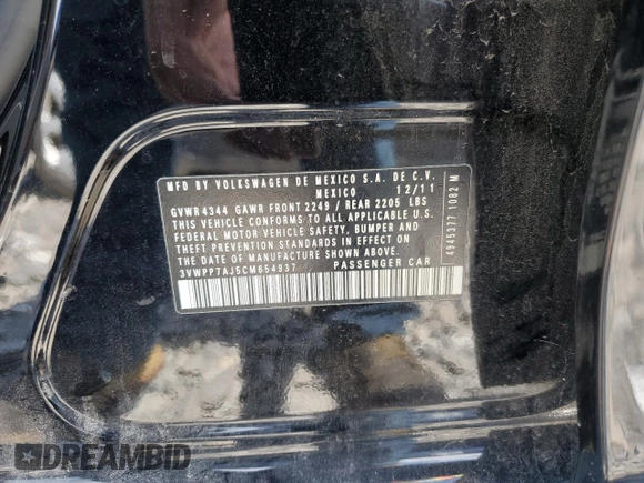 2012 Volkswagen Jetta SportWagen SE with VIN 3VWPP7AJ5CM654937, listed as a Copart auction lot 65654754 with 0 mi miles and Salvage Title. Bid and sale history available at carsss.com. Image 14.
