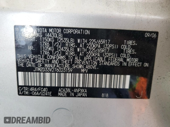 2007 Toyota RAV4 with VIN JTMZD33V276023159, listed as a Copart auction lot 54160875 with 171,522 mi miles and Salvage Title. Bid and sale history available at carsss.com. Image 12.