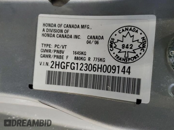 2006 Honda Civic z VIN 2HGFG12306H009144, wystawiony jako Copart lot #44887855 z przebiegiem 284 413 mil mil oraz Szkoda całkowita • Salvage title. Historia ofert i sprzedaży dostępna na DreamBid. Obrazek 13.