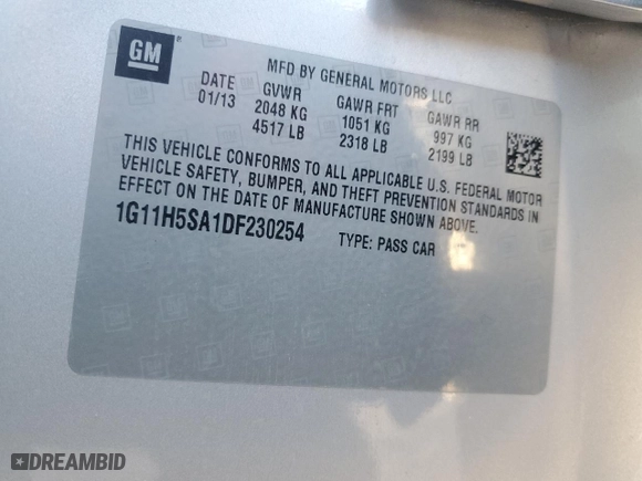 2013 Chevrolet Malibu LTZ with VIN 1G11H5SA1DF230254, listed as a Copart auction lot 88349045 with 135,480 mi miles and Salvage Title. Bid and sale history available at carsss.com. Image 13.