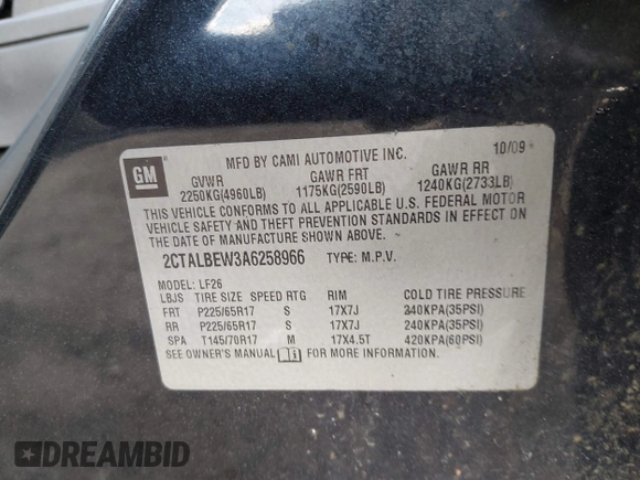 2010 GMC Terrain SLE-1 with VIN 2CTALBEW3A6258966, listed as a IAAI auction lot 40808193 with 208,920 mi miles. Bid and sale history available at carsss.com. Image 9.