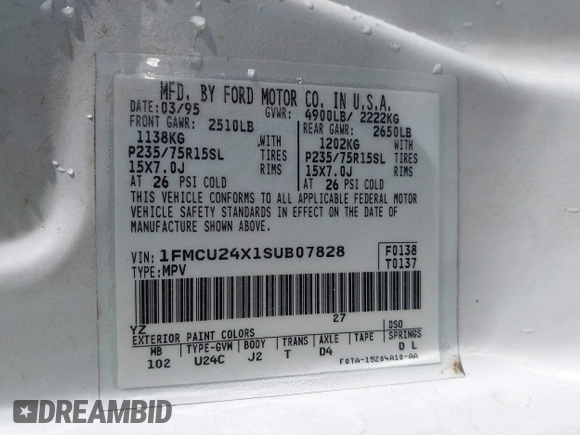 1995 Ford Explorer with VIN 1FMCU24X1SUB07828, listed as a IAAI auction lot 41145230 with 269,846 mi miles and . Bid and sale history available at DreamBid. Image 9.