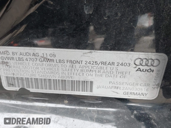 2010 Audi A4 Premium с VIN WAUAFAFL2AN030516, выставлен на аукционе IAAI как лот 41858349 с пробегом 221 745 миль миль и . История ставок и продаж доступна на DreamBid. Изображение 9.