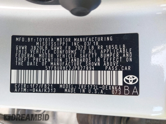 2018 Toyota Corolla L z VIN 5YFBURHE2JP827894, wystawiony jako IAAI lot #42295741 z przebiegiem 44 171 mil mil oraz . Historia ofert i sprzedaży dostępna na DreamBid. Obrazek 9.