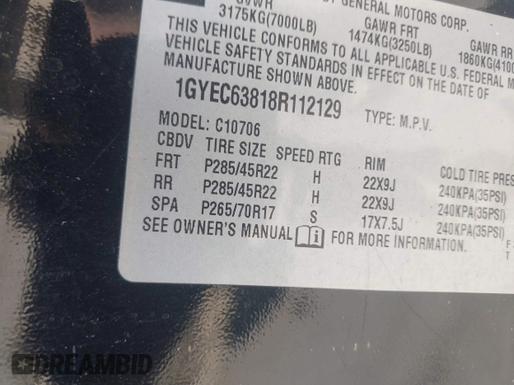 2008 Cadillac Escalade z VIN 1GYEC63818R112129, wystawiony jako IAAI lot #42005558 z przebiegiem 162 875 mil mil oraz . Historia ofert i sprzedaży dostępna na DreamBid. Obrazek 9.