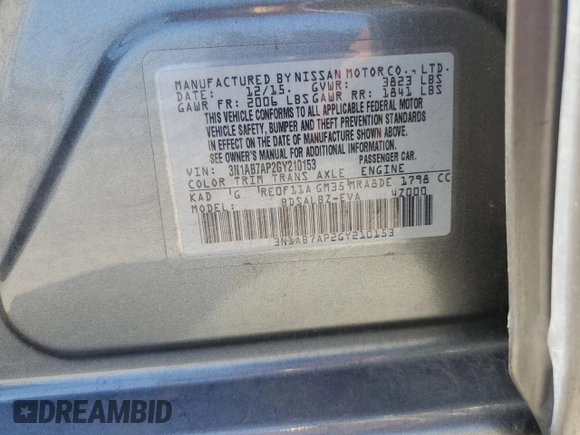 2016 Nissan Sentra SV with VIN 3N1AB7AP2GY210153, listed as a Copart auction lot 50200625 with 111,595 mi miles and Salvage Title. Bid and sale history available at DreamBid. Image 12.