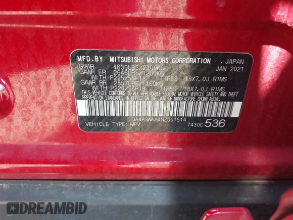 2022 Mitsubishi Eclipse Cross SE с VIN JA4ASWAA4NZ001514, выставлен на аукционе IAAI как лот 42023640 с пробегом 52 972 миль миль и . История ставок и продаж доступна на DreamBid. Изображение 9.