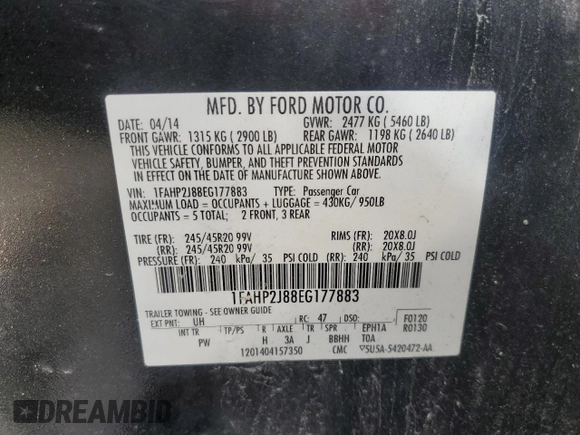 2014 Ford Taurus Limited z VIN 1FAHP2J88EG177883, wystawiony jako Copart lot #56119255 z przebiegiem 141 743 mil mil oraz Szkoda całkowita • Salvage title. Historia ofert i sprzedaży dostępna na DreamBid. Obrazek 12.