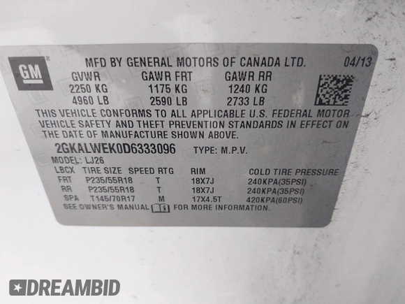 2013 GMC Terrain SLT with VIN 2GKALWEK0D6333096, listed as a IAAI auction lot 41610652 with 218,749 mi miles and . Bid and sale history available at DreamBid. Image 9.