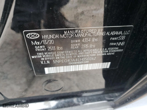2020 Hyundai Sonata SE with VIN 5NPEG4JA4LH050262, listed as a Copart auction lot 48367735 with 48,220 mi miles and Salvage Title. Bid and sale history available at carsss.com. Image 14.