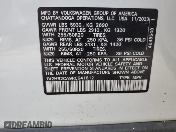 2024 Volkswagen Atlas SE z VIN 1V2HR2CA9RC541812, wystawiony jako Copart lot #48036545 z przebiegiem 16 014 mil mil oraz Szkoda całkowita • Salvage title. Historia ofert i sprzedaży dostępna na DreamBid. Obrazek 13.