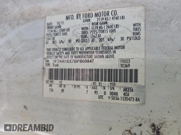 2011 Ford Ranger XL with VIN 1FTKR1EE7BPB05847, listed as a IAAI auction lot 42905946 with 298,880 mi miles and . Bid and sale history available at DreamBid. Image 22.