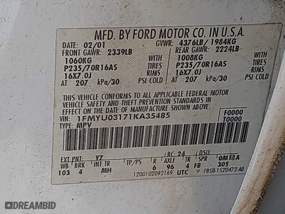 2001 Ford Escape XLT with VIN 1FMYU03171KA35485, listed as a IAAI auction lot 42052581 with 242,653 mi miles. Bid and sale history available at carsss.com. Image 9.