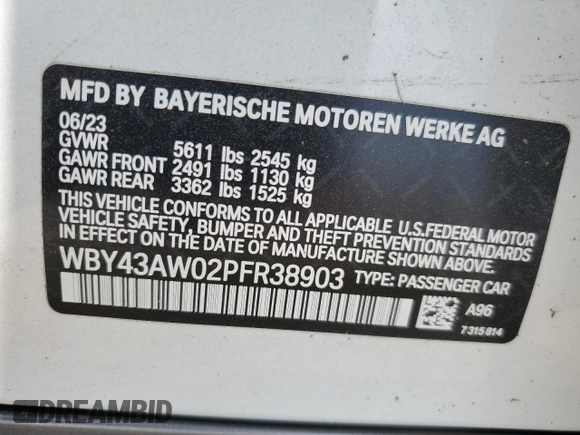 2023 BMW i4 eDrive35 with VIN WBY43AW02PFR38903, listed as a Copart auction lot 58691344 with 5,166 mi miles and Salvage Title. Bid and sale history available at carsss.com. Image 13.