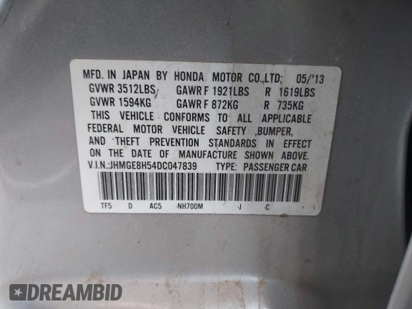 2013 Honda Fit Sport with VIN JHMGE8H54DC047839, listed as a IAAI auction lot 42083683 with 201,284 mi miles. Bid and sale history available at carsss.com. Image 9.