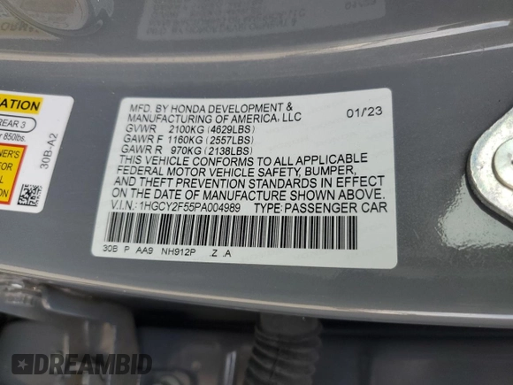 2023 Honda Accord Sport with VIN 1HGCY2F55PA004989, listed as a Copart auction lot 46357515 with 35,093 mi miles and Salvage title. Bid and sale history available at DreamBid. Image 14.