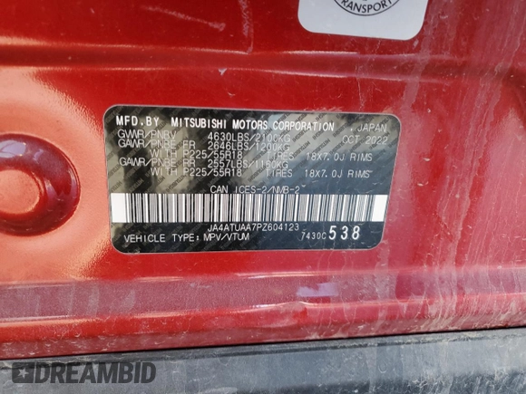 2023 Mitsubishi Eclipse Cross ES z VIN JA4ATUAA7PZ604123, wystawiony jako Copart lot #89009635 z przebiegiem 26 529 mil mil oraz Szkoda całkowita • Salvage title. Historia ofert i sprzedaży dostępna na DreamBid. Obrazek 13.