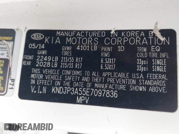2014 Kia Soul + with VIN KNDJP3A55E7097836, listed as a IAAI auction lot 41276910 with 127,280 mi miles and . Bid and sale history available at DreamBid. Image 9.
