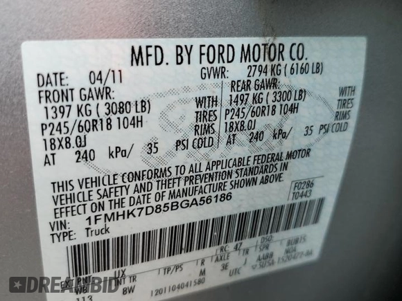 2011 Ford Explorer XLT z VIN 1FMHK7D85BGA56186, wystawiony jako Copart lot #58081125 z przebiegiem 71 938 mil mil oraz Szkoda całkowita • Salvage title. Historia ofert i sprzedaży dostępna na DreamBid. Obrazek 13.