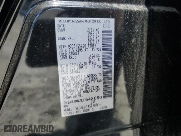 2014 Nissan Pathfinder Platinum with VIN 5N1AR2MN2EC648680, listed as a Copart auction lot 56956765 with 119,259 mi miles and Salvage title. Bid and sale history available at DreamBid. Image 13.