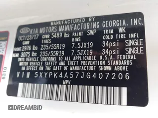 2018 Kia Sorento SX with VIN 5XYPK4A57JG407206, listed as a IAAI auction lot 42378049 with Not provided miles and . Bid and sale history available at DreamBid. Image 9.