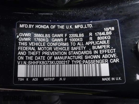 2019 Honda Civic Type R Touring z VIN SHHFK8G73KU200217, wystawiony jako IAAI lot #41566865 z przebiegiem Nie podano mil oraz . Historia ofert i sprzedaży dostępna na DreamBid. Obrazek 9.
