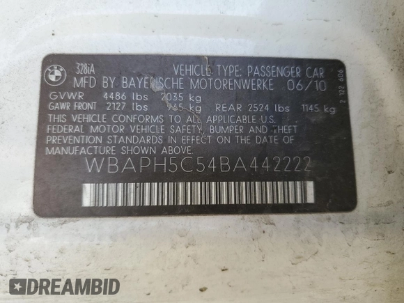 2011 BMW 3 Series 328i with VIN WBAPH5C54BA442222, listed as a Copart auction lot 54578765 with 143,864 mi miles and Salvage title. Bid and sale history available at DreamBid. Image 12.