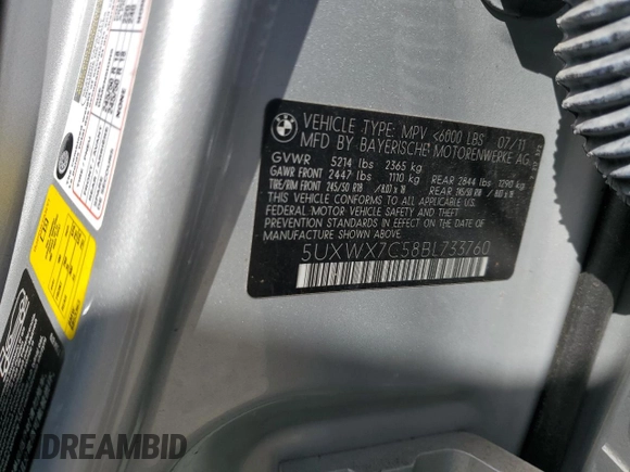 2011 BMW X3 35i with VIN 5UXWX7C58BL733760, listed as a Copart auction lot 52126905 with 139,084 mi miles and Clean Title. Bid and sale history available at DreamBid. Image 14.