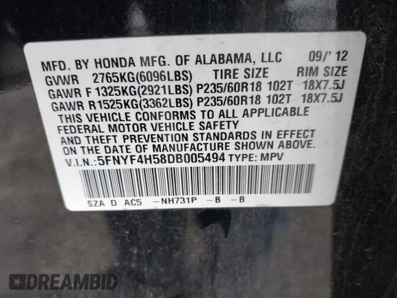 2013 Honda Pilot EX-L with VIN 5FNYF4H58DB005494, listed as a IAAI auction lot 41852002 with 129,904 mi miles. Bid and sale history available at carsss.com. Image 9.