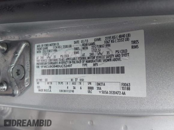 2013 Ford Escape SE with VIN 1FMCU9G94DUC52497, listed as a IAAI auction lot 42352704 with 194,648 mi miles and . Bid and sale history available at DreamBid. Image 9.