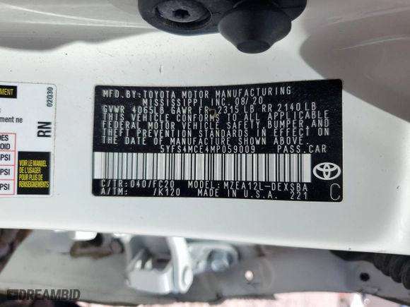 2021 Toyota Corolla SE with VIN 5YFS4MCE4MP059009, listed as a Copart auction lot 49732565 with 19,594 mi miles and Salvage Title. Bid and sale history available at carsss.com. Image 12.