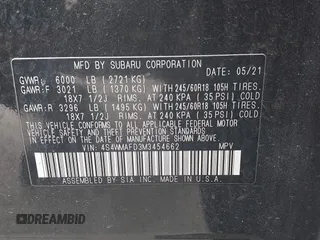 2021 Subaru Ascent Premium with VIN 4S4WMAFD3M3454662, listed as a IAAI auction lot 41965236 with 74,738 mi miles and . Bid and sale history available at DreamBid. Image 9.