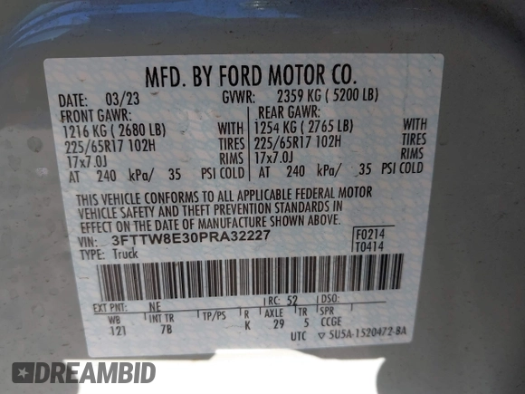 2023 Ford Maverick XL with VIN 3FTTW8E30PRA32227, listed as a IAAI auction lot 41761191 with 23,761 mi miles and . Bid and sale history available at DreamBid. Image 9.