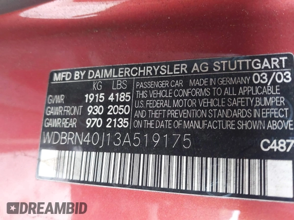 2003 Mercedes-Benz C 230 Kompressor with VIN WDBRN40J13A519175, listed as a IAAI auction lot 42139012 with Not provided miles and . Bid and sale history available at DreamBid. Image 9.
